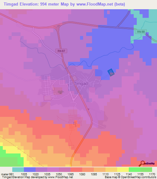 Timgad,Algeria Elevation Map