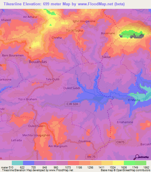 Tikesriine,Algeria Elevation Map