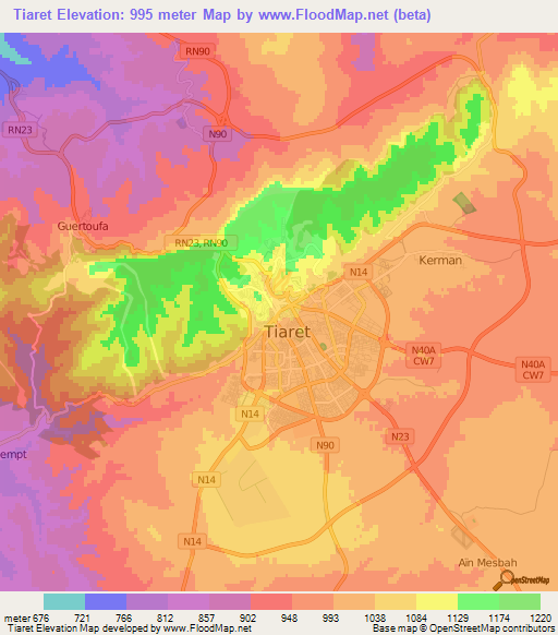 Tiaret,Algeria Elevation Map