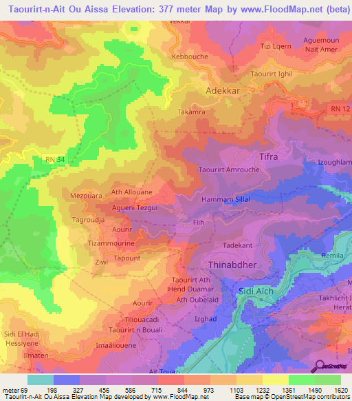 Taourirt-n-Ait Ou Aissa,Algeria Elevation Map