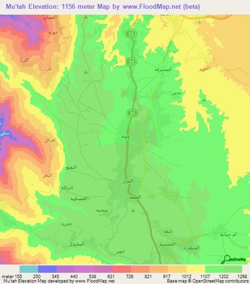 Mu'tah,Jordan Elevation Map
