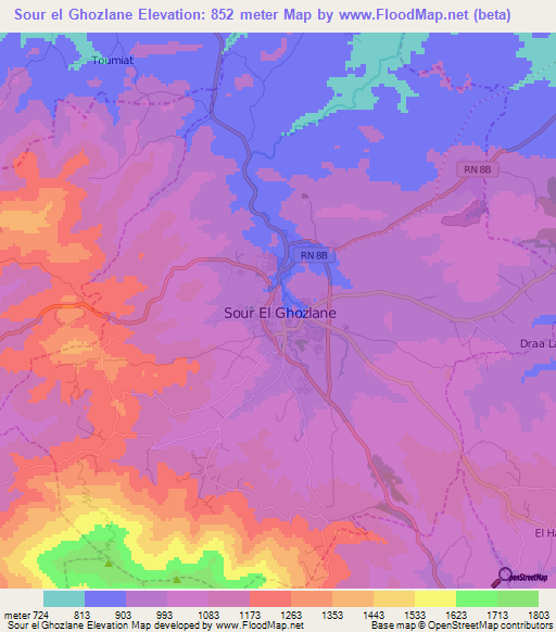 Sour el Ghozlane,Algeria Elevation Map