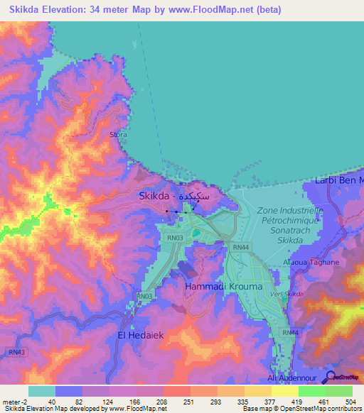 Skikda,Algeria Elevation Map