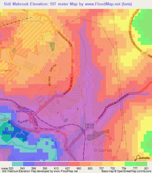 Sidi Mabrouk,Algeria Elevation Map