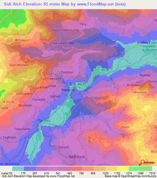 Sidi Aich,Algeria Elevation Map