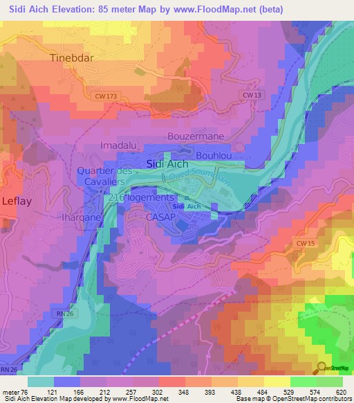 Sidi Aich,Algeria Elevation Map