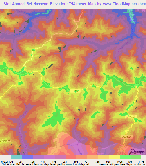 Sidi Ahmed Bel Hassene,Algeria Elevation Map
