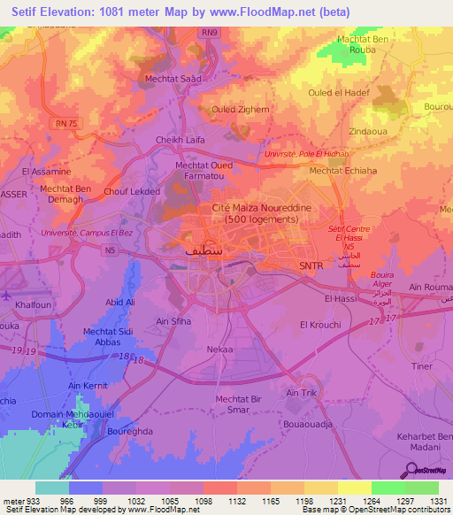 Setif,Algeria Elevation Map