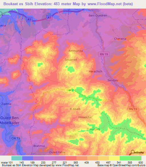 Boukaat es Sbih,Algeria Elevation Map