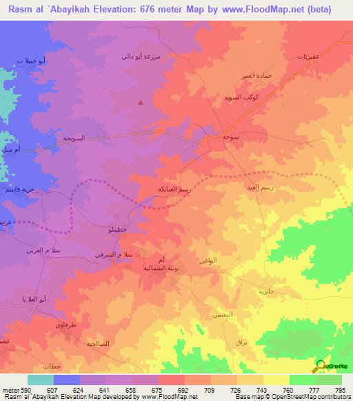 Rasm al `Abayikah,Syria Elevation Map