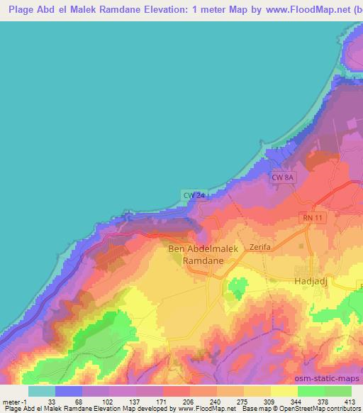Plage Abd el Malek Ramdane,Algeria Elevation Map
