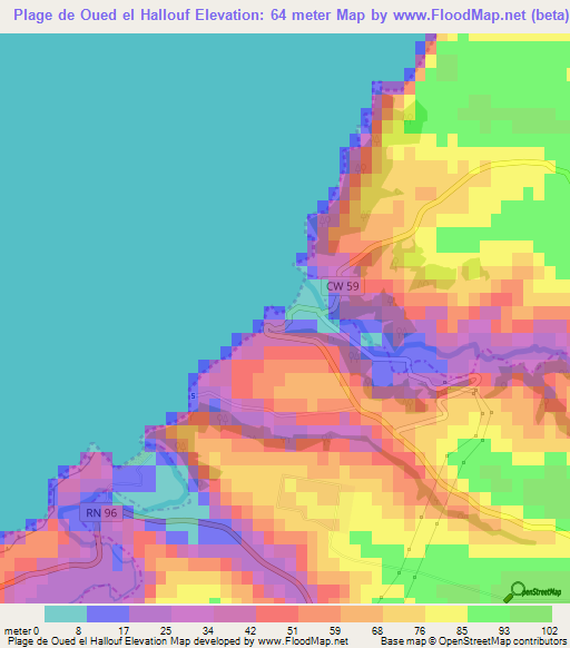 Plage de Oued el Hallouf,Algeria Elevation Map