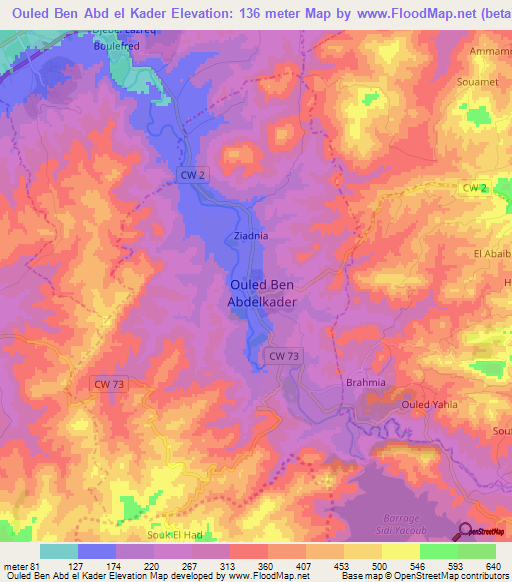 Ouled Ben Abd el Kader,Algeria Elevation Map