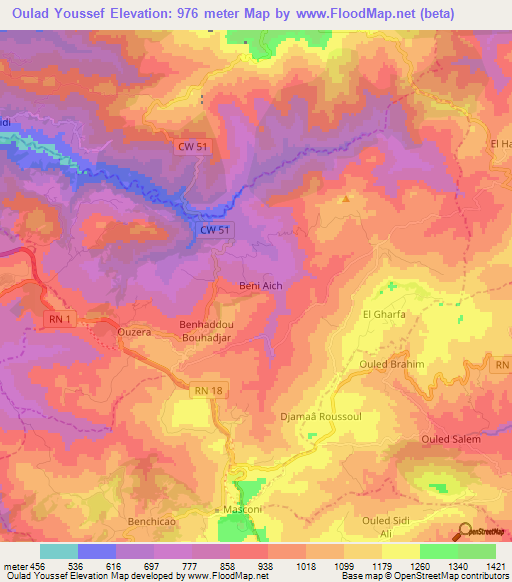 Oulad Youssef,Algeria Elevation Map