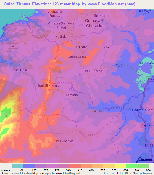 Oulad Tirbane,Algeria Elevation Map