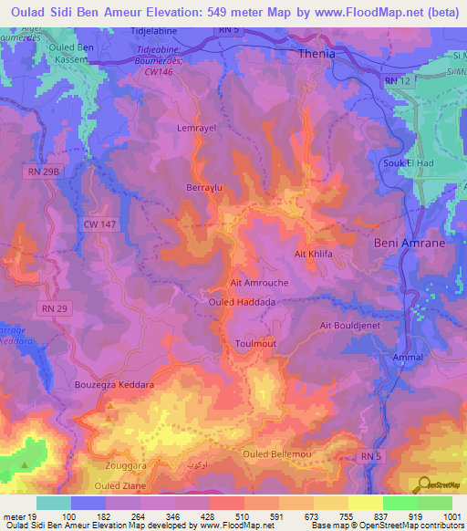 Oulad Sidi Ben Ameur,Algeria Elevation Map
