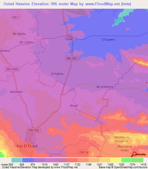 Oulad Hassine,Algeria Elevation Map