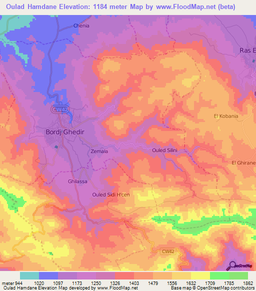 Oulad Hamdane,Algeria Elevation Map