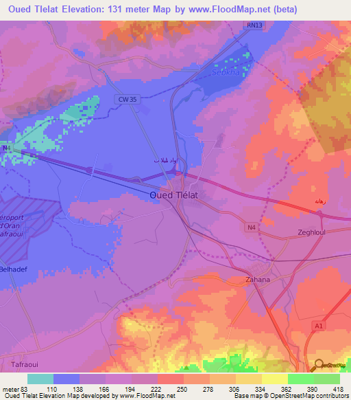 Oued Tlelat,Algeria Elevation Map