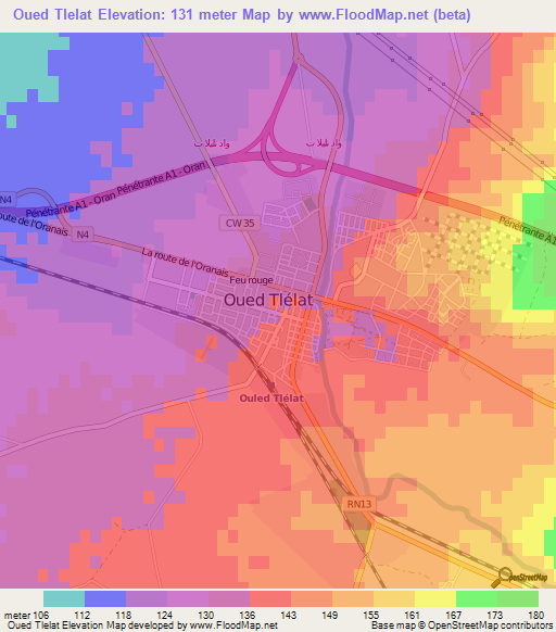 Oued Tlelat,Algeria Elevation Map