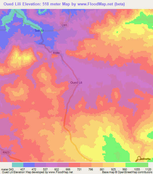 Oued Lili,Algeria Elevation Map
