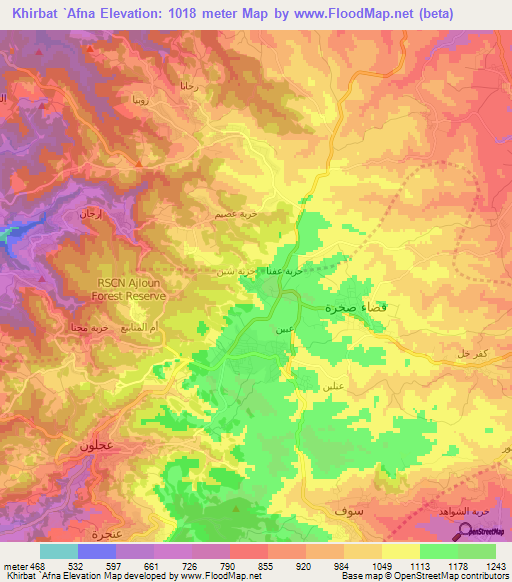 Khirbat `Afna,Jordan Elevation Map