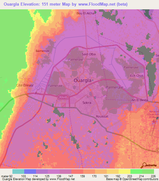 Ouargla,Algeria Elevation Map