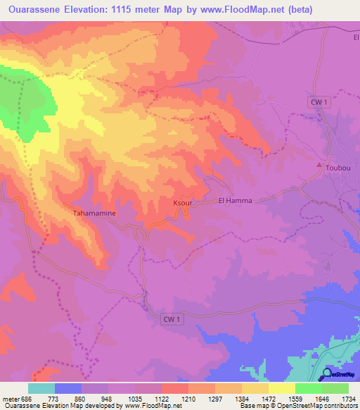 Ouarassene,Algeria Elevation Map