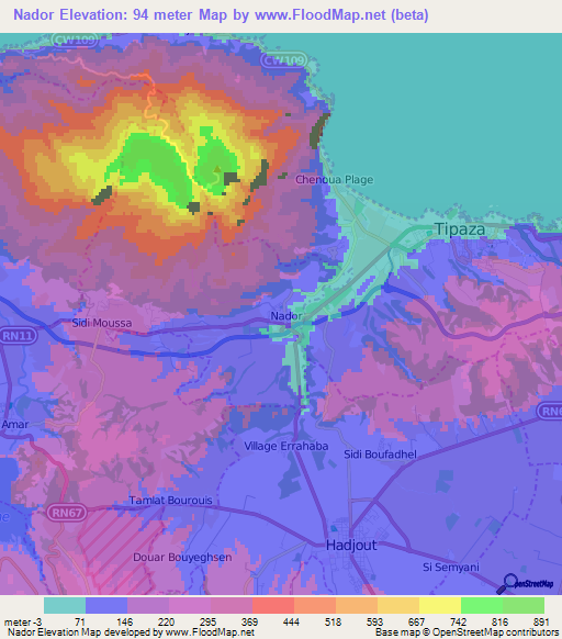 Nador,Algeria Elevation Map