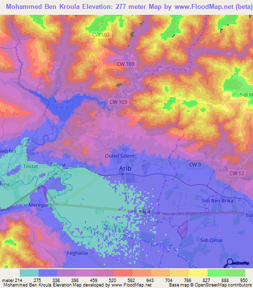 Mohammed Ben Kroula,Algeria Elevation Map