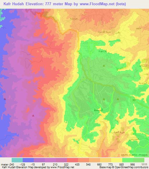 Kafr Hudah,Jordan Elevation Map