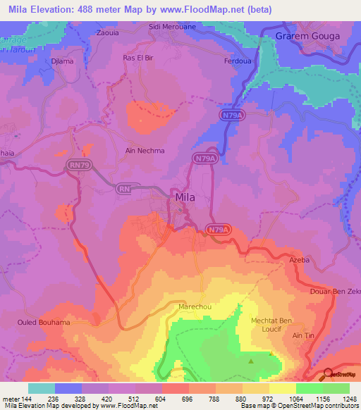 Mila,Algeria Elevation Map