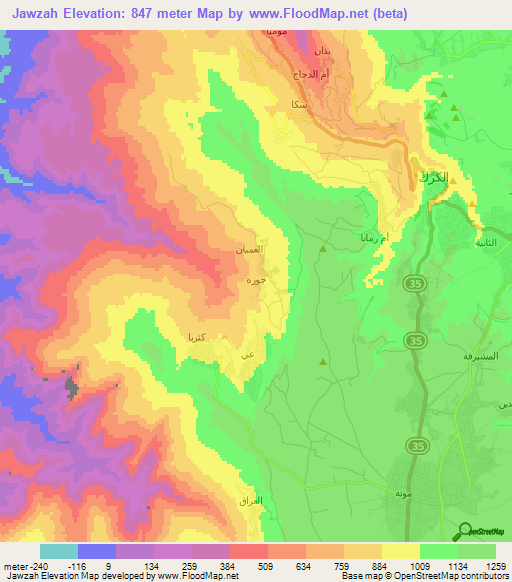 Jawzah,Jordan Elevation Map