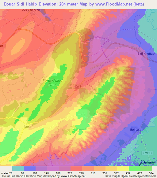 Douar Sidi Habib,Algeria Elevation Map