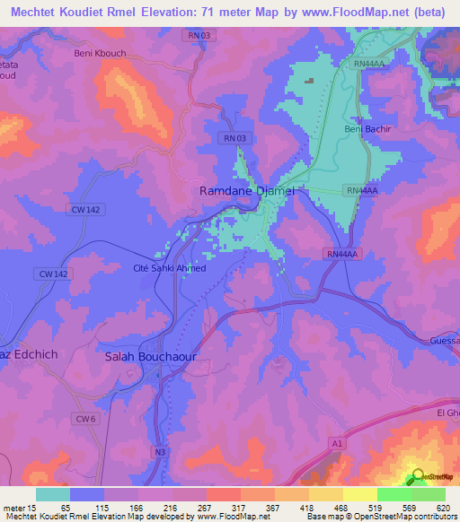 Mechtet Koudiet Rmel,Algeria Elevation Map