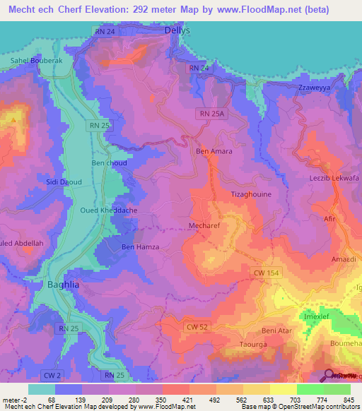 Mecht ech Cherf,Algeria Elevation Map