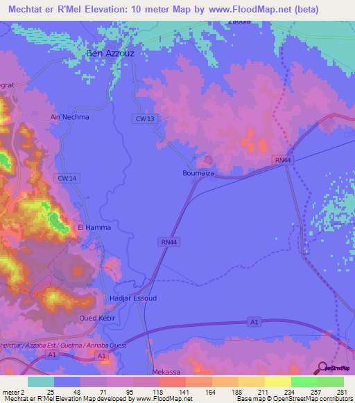 Mechtat er R'Mel,Algeria Elevation Map