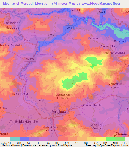 Mechtat el Meroudj,Algeria Elevation Map
