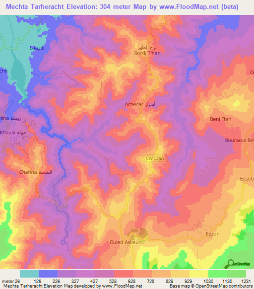 Mechta Tarheracht,Algeria Elevation Map