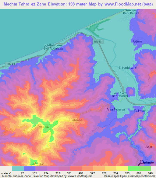 Mechta Tahra ez Zane,Algeria Elevation Map