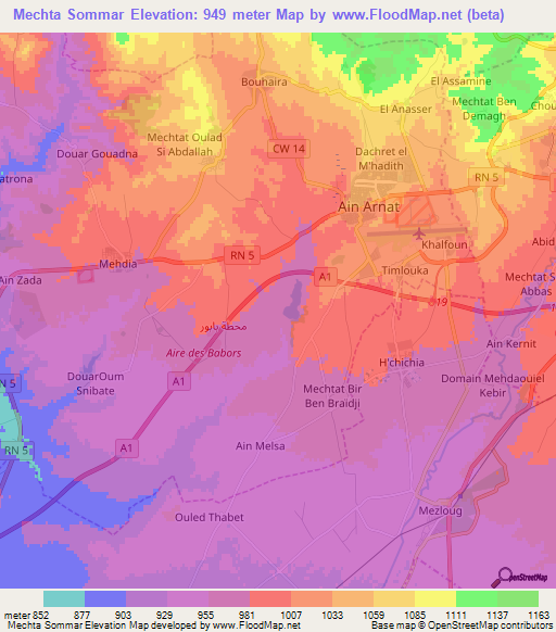 Mechta Sommar,Algeria Elevation Map