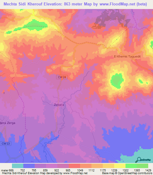 Mechta Sidi Kherouf,Algeria Elevation Map