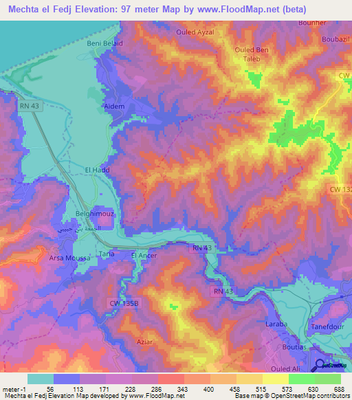 Mechta el Fedj,Algeria Elevation Map