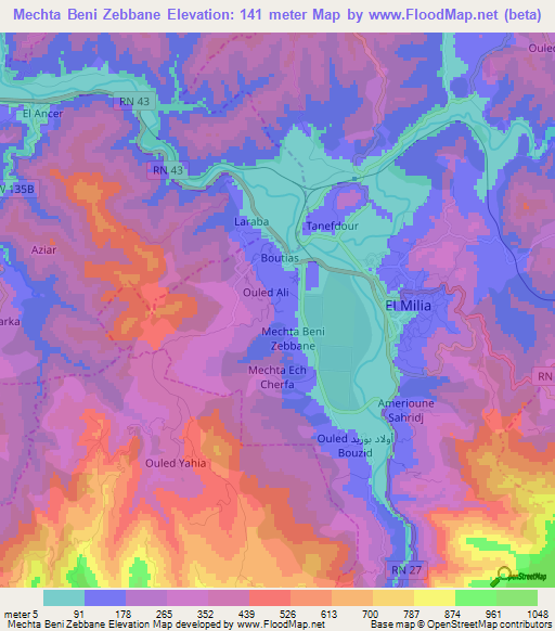 Mechta Beni Zebbane,Algeria Elevation Map