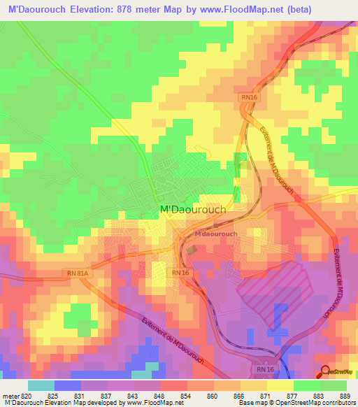 M'Daourouch,Algeria Elevation Map