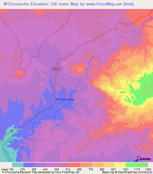 M'Chouneche,Algeria Elevation Map