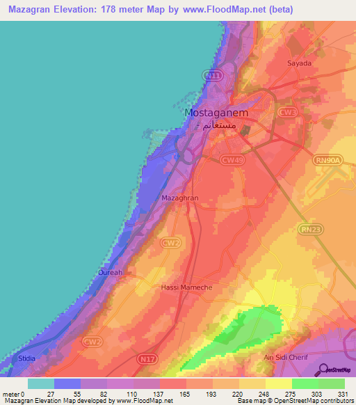 Mazagran,Algeria Elevation Map
