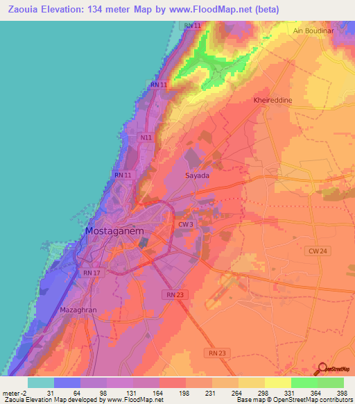 Zaouia,Algeria Elevation Map