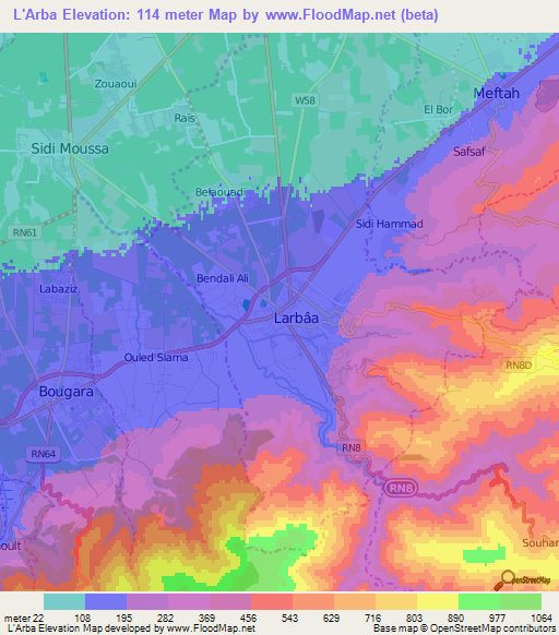 L'Arba,Algeria Elevation Map