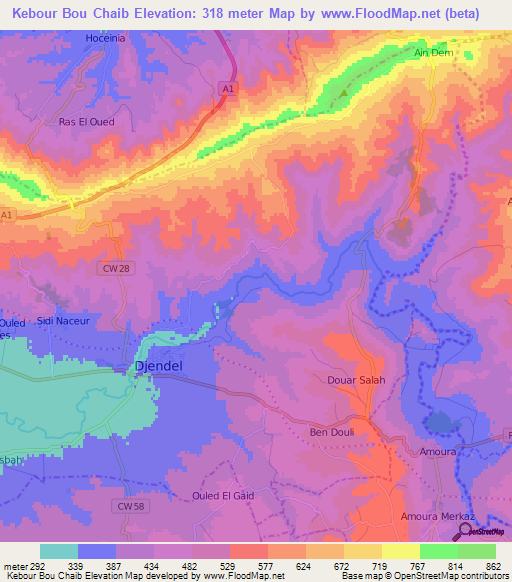 Kebour Bou Chaib,Algeria Elevation Map